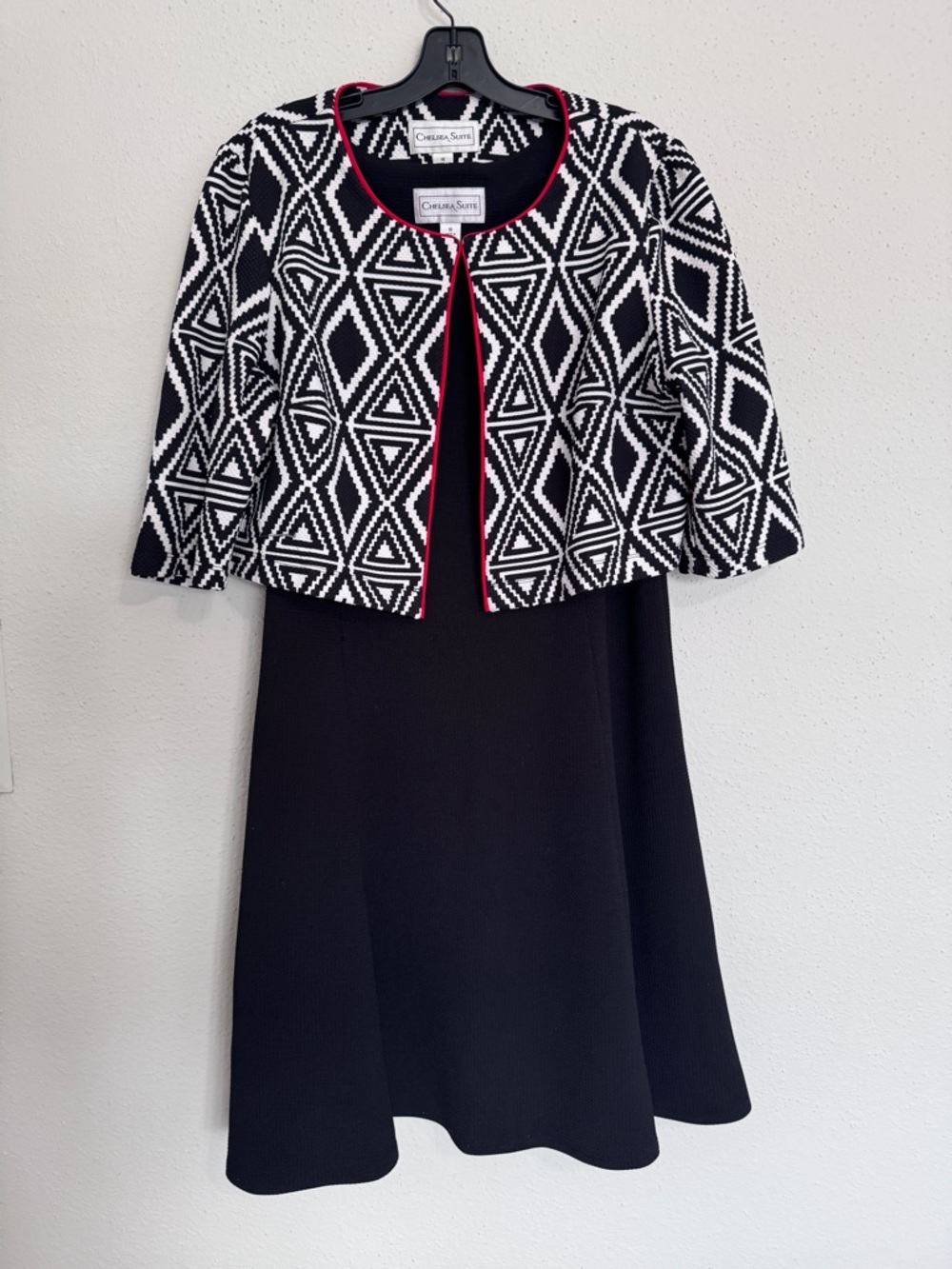 Chelsea Suite 2-Pc Jacket Dress Set Womens Size 16 Black White A-Line Midi